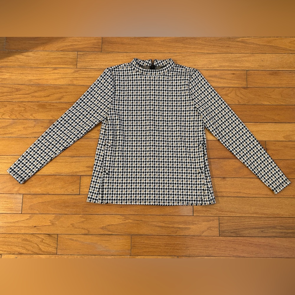 Ann Taylor Houndstooth Long Sleeve Mock Neck Top